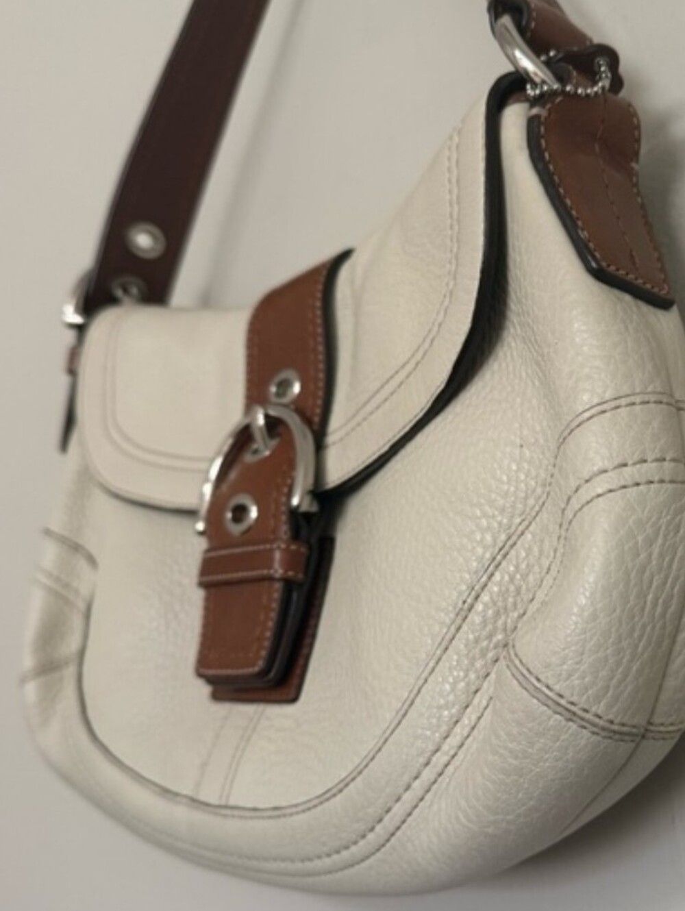 Coach Y2k Soho Bokle Cream Pebble Leather Shoulder Bag F12301 with Brown Trim - Picture 4 of 8